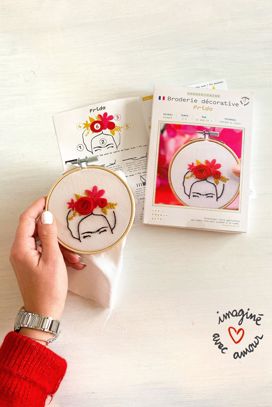 Photo des produits contenu dans le kit de broderie Frida Kahlo