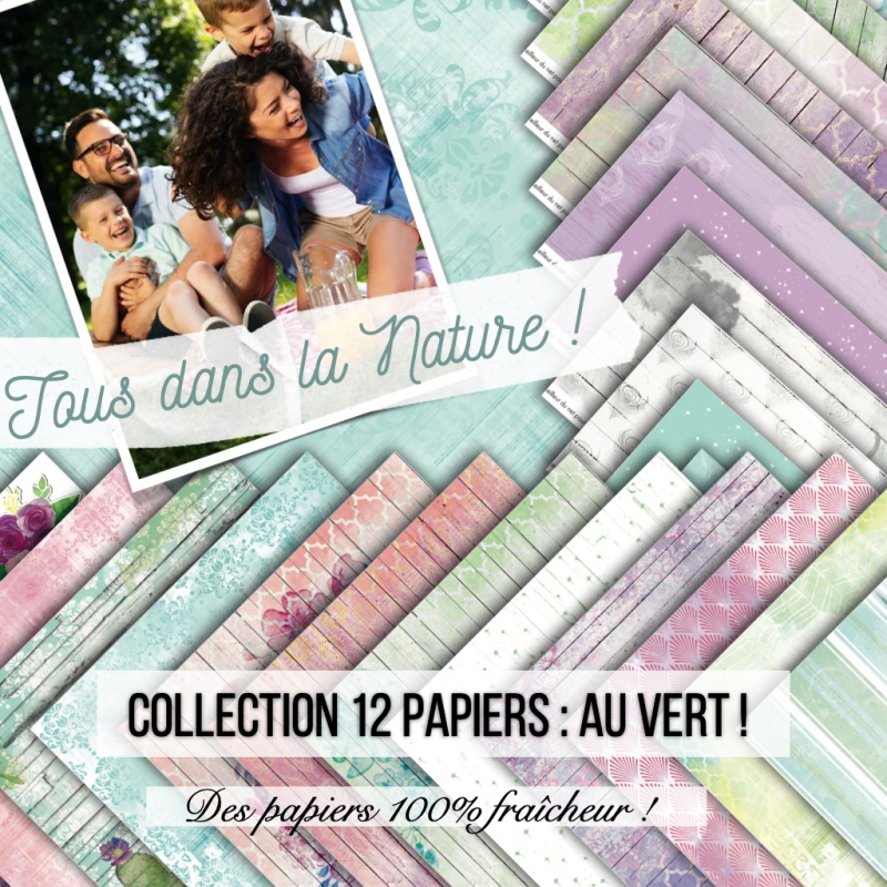 Set papiers Au vert - 12 papiers : 6 papiers 30,5x31,5 cm + 6 papiers 12x30,5cm