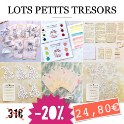 -20% OFFRE Petits trésors : palette aquarelle + pages de livres tamponnées + tags + lots étiquettes + découpes fleurs + découpes