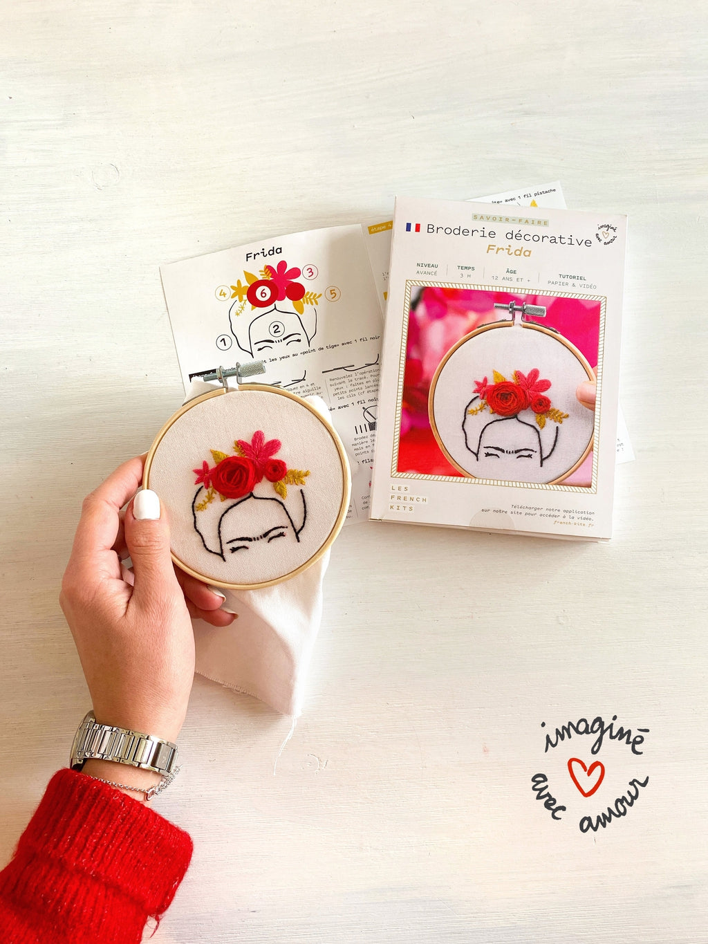 Photo des produits contenu dans le kit de broderie Frida Kahlo